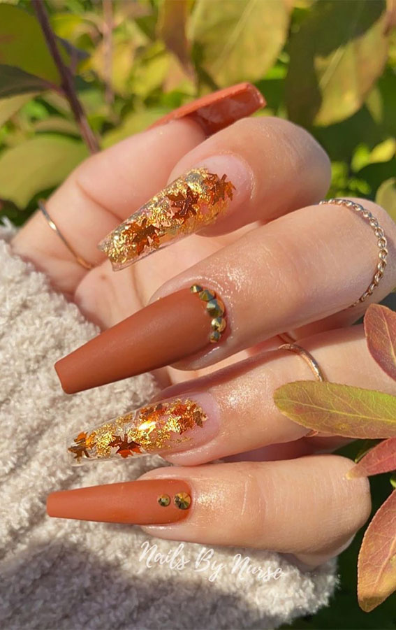 Brown And Glitter Fall Nail Design
