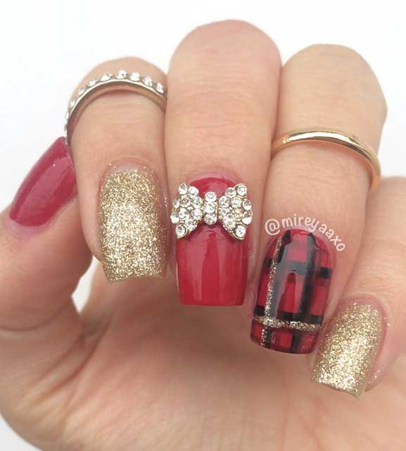 57 Festive Christmas Nail Art Ideas Glitter Red And Plaid Christmas Nails