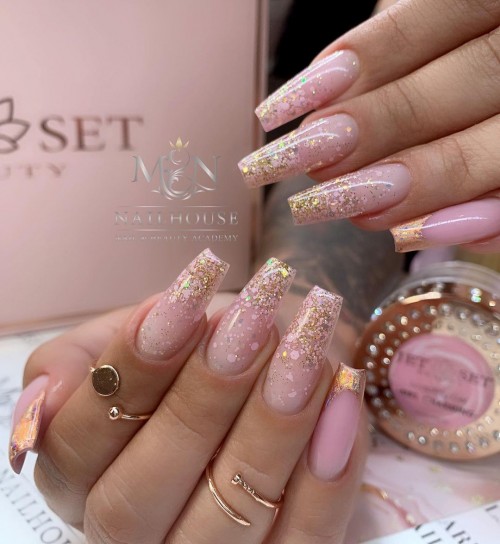 TheGlitterNail Get Inspired! On Instagram: “✨✨✨ Rose Gold Glitter Ombre  With Stars On Long Coffin Nails • ?… Gold Acrylic Nails, Rose Gold Nails, Gold  Nails 