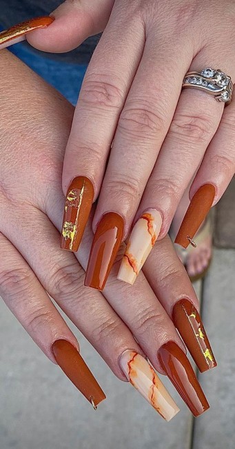 Brown and Marble Coffin Fall Nails