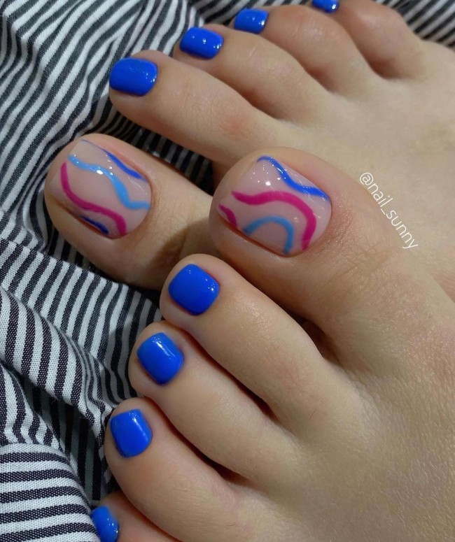 32 Cute Pedicure For Summer — Swirl Blue And Pink Pedicure