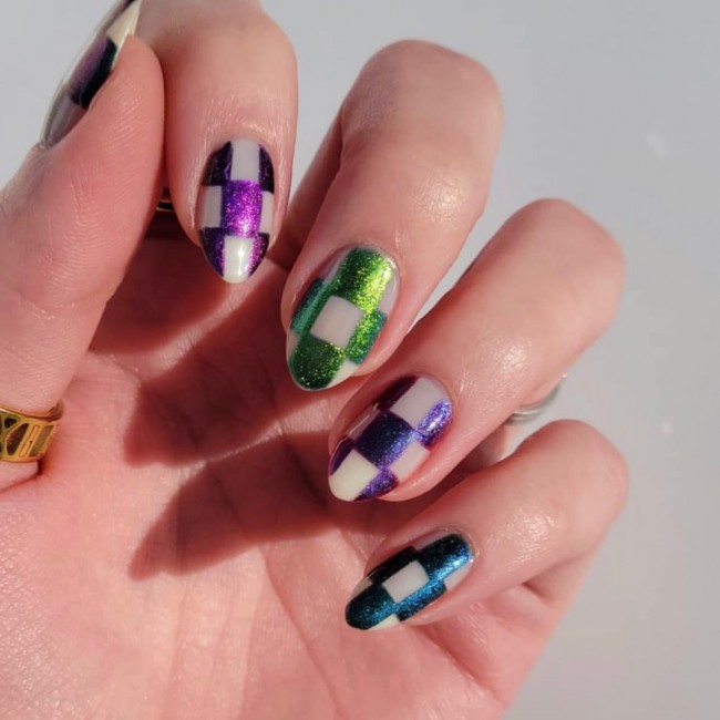 75 The Coolest Checkered Nail Art Designs — Jewel Tone Checkered Nails