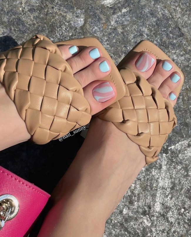 32 Cute Pedicure For Summer — Light Blue And Nude Pedicure