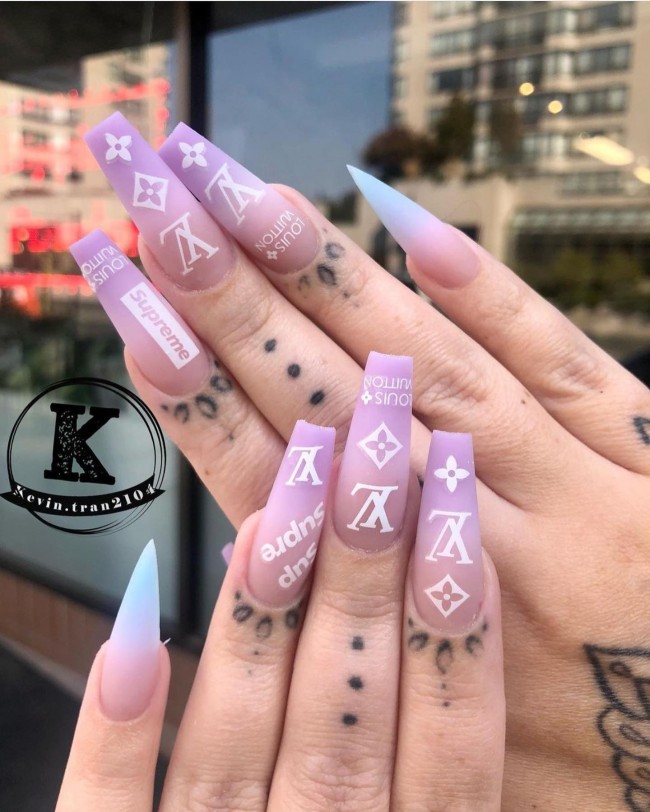 70+ Designer Brand Nail Art Ideas — Ombre Purple LV Nails