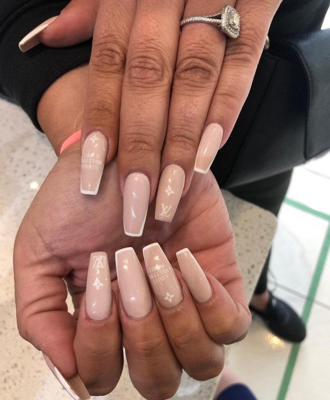 ✓ Nude acrylic with LV Nails design on - Avatar Nails Spa