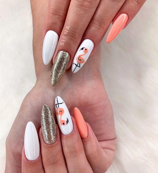 50+ Flamingo Nail Art Designs — Glitter, Peach and White Almond Nails