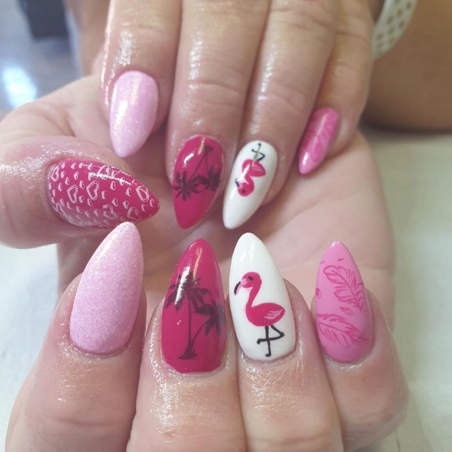 50+ Flamingo Nail Art Designs — Love Heart, Leave, Flamingo Pink Nails