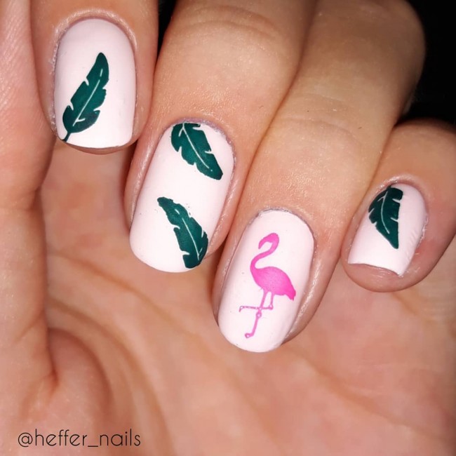 50+ Flamingo Nail Art Designs — Flamingo & Tropical Leave White Nails