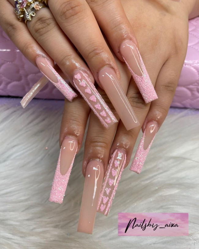 20+ Glam Nail Art Designs For Valentine's Day — Pink on Nude Long Nails