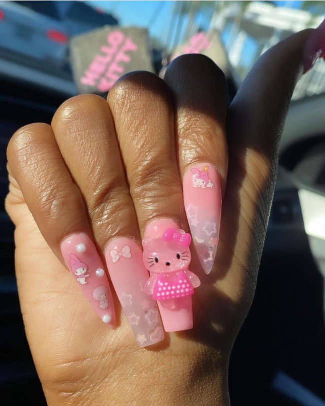 hello kitty foil ombre nails #hellokittynails #ombrenails #acrylicnail