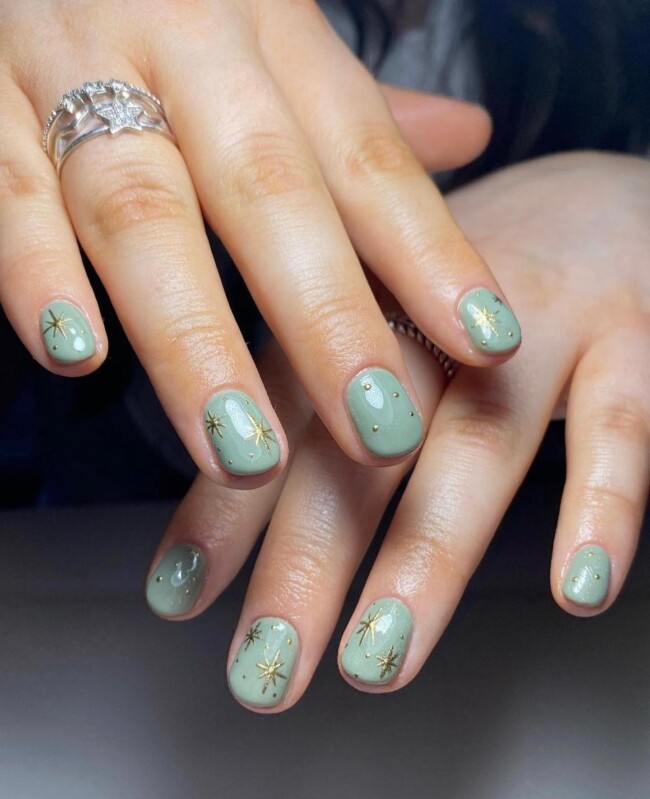 50 Most Stylish Sage Green Nail Designs — Gold Starburst Sage Nails