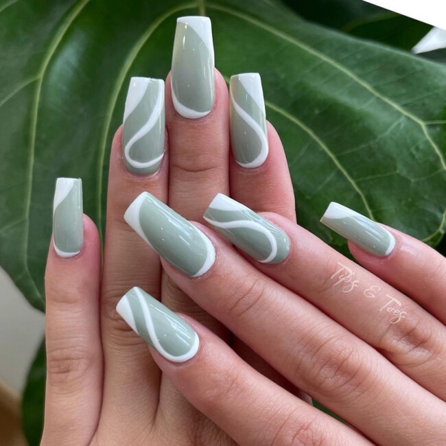 50 Most Stylish Sage Green Nail Designs — White Swirly on Sage Green Nails