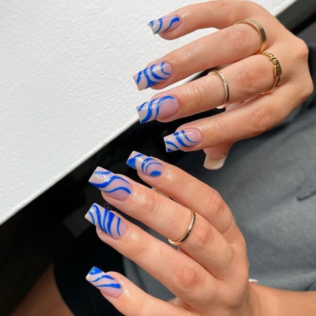 50+ Royal Blue Nail Designs for Everyone — Royal Blue Swirl Sheer White