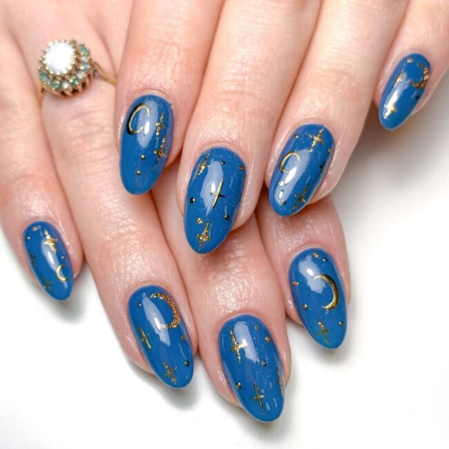 50+ Celestial Nail Art Design — Blue Grey Celestial Nails