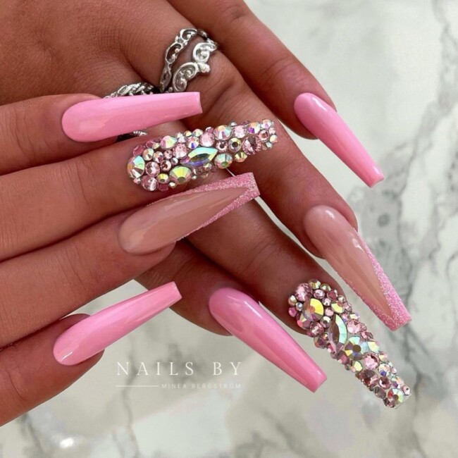 L.A. Nails - Ephrata - Simple baby pink gel color nails with rhinestones by  Calvin #babypink #coffinnails #rhinestones.