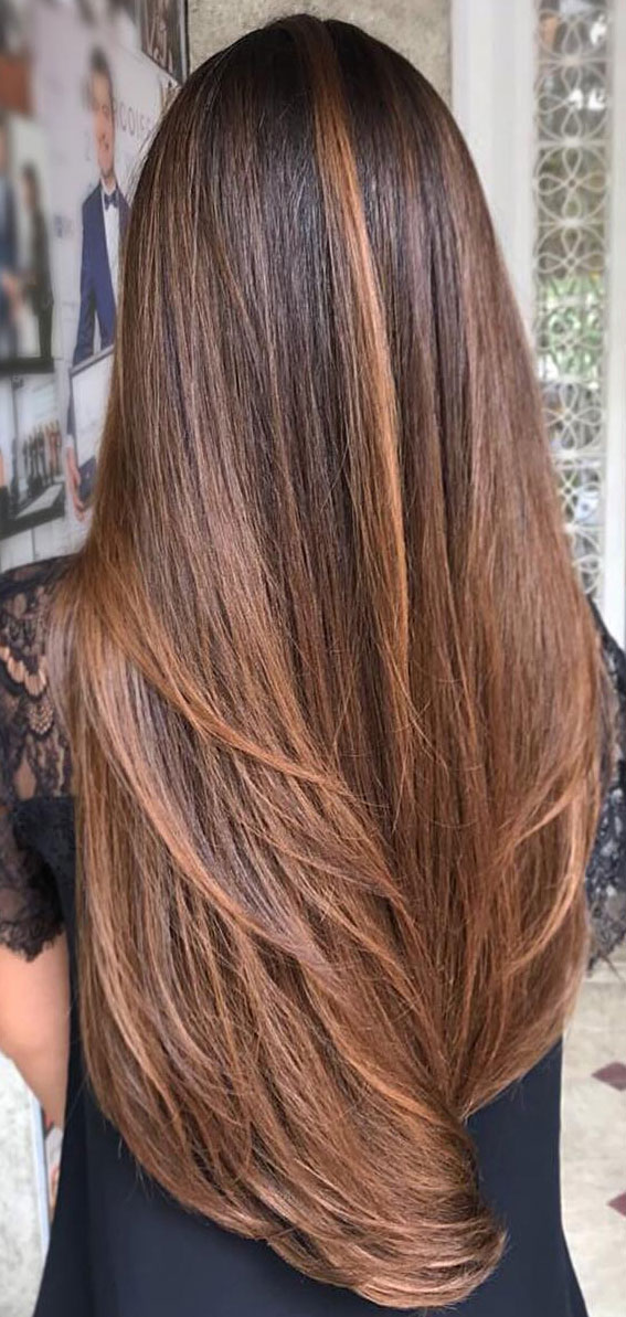 brown hair with copper highlights, balayage hair color, brown hair, brown hair color ideas, layered hair cut