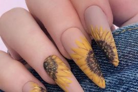 hand painted sunflower nail art design, sunflower nail decals, cute summer nails, sunflower nail art, cute nails, yellow sunflower nailsacrylic, simple sunflower nail designs, cute nail designs, sunflower nails