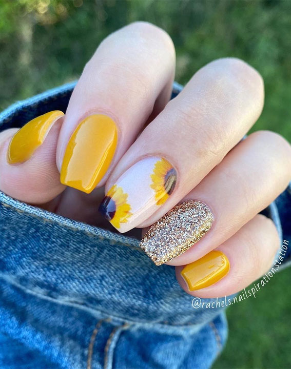 hand painted sunflower nail art design, sunflower nail decals, cute summer nails, sunflower nail art, cute nails, yellow sunflower nailsacrylic, simple sunflower nail designs, cute nail designs, sunflower nails