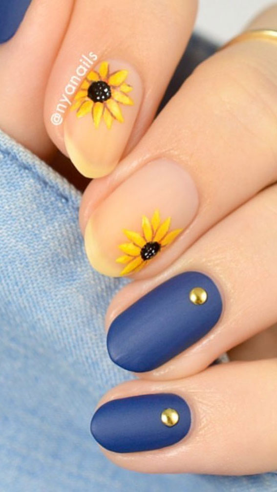 navy blue and sunflower nails, sunflower nail art design