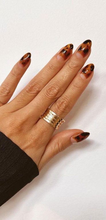 half mood tortoiseshell nails, half moon nails, tortoiseshell nail designs, animal print nails, tortoise nails 2020, tortoise nail designs 2020