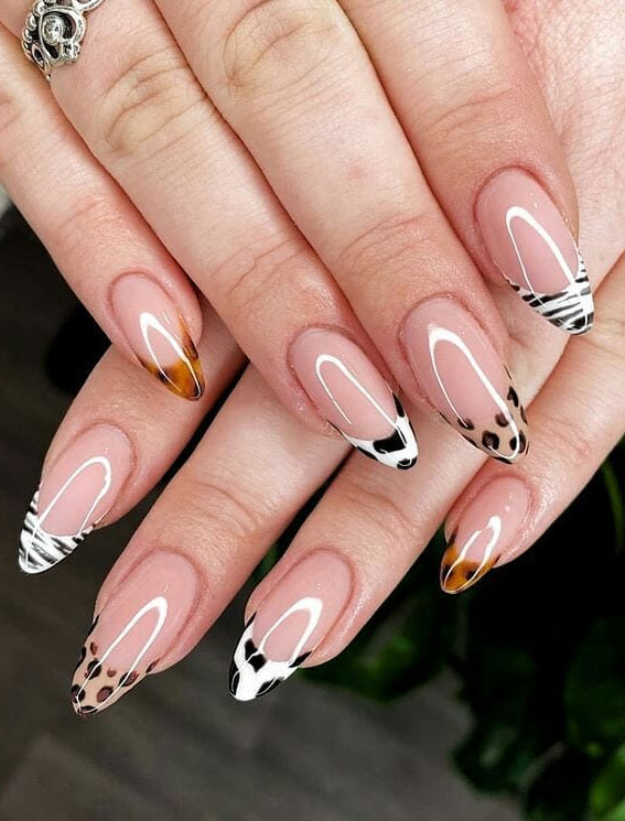 animal print nail tips, french animal nails, different color nails on each finger, mismatched leopard nails, nail designs, nail art, animal print nails , nail designs 2020, leopard print nails, leopard print nails 2020, leopard nails design, cheetah nails, animal print nails 2020