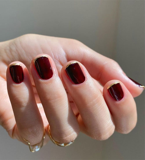 30 Cute Short Nail Ideas To Wear In 2023 : Deep Red with Glitter Tips