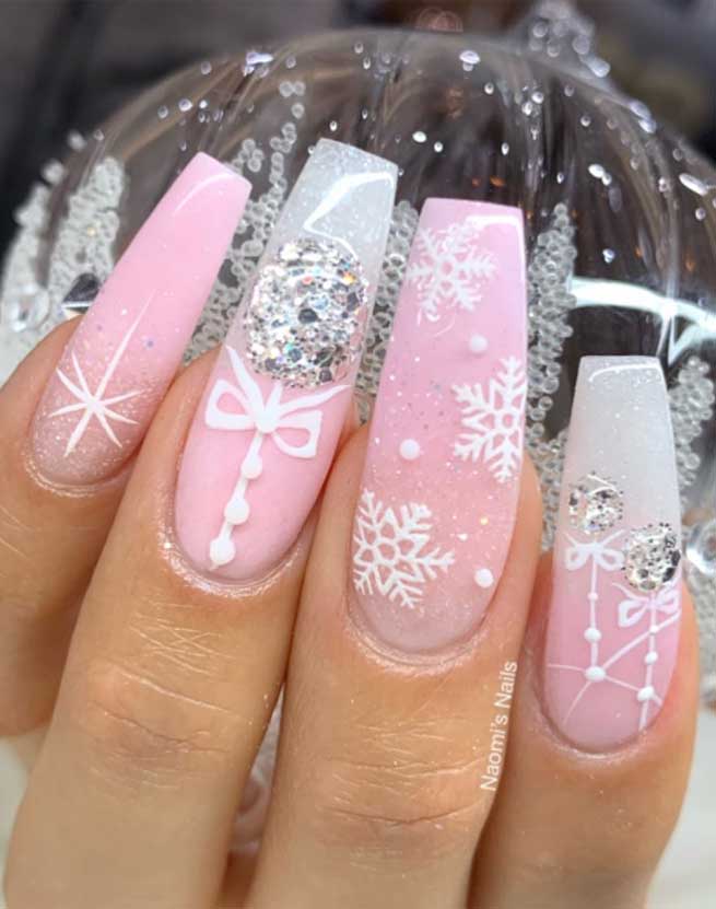 57 Festive Christmas Nail Art Ideas : Snowflake on pink nails