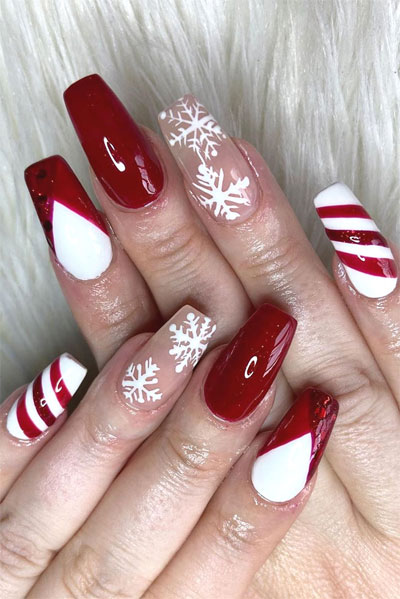 57 Festive Christmas Nail Art Ideas : Candy Cane, Snowflake nails