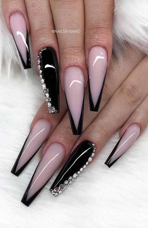 Acrylic Long Black French Tip Coffin Nails - bmp-brah