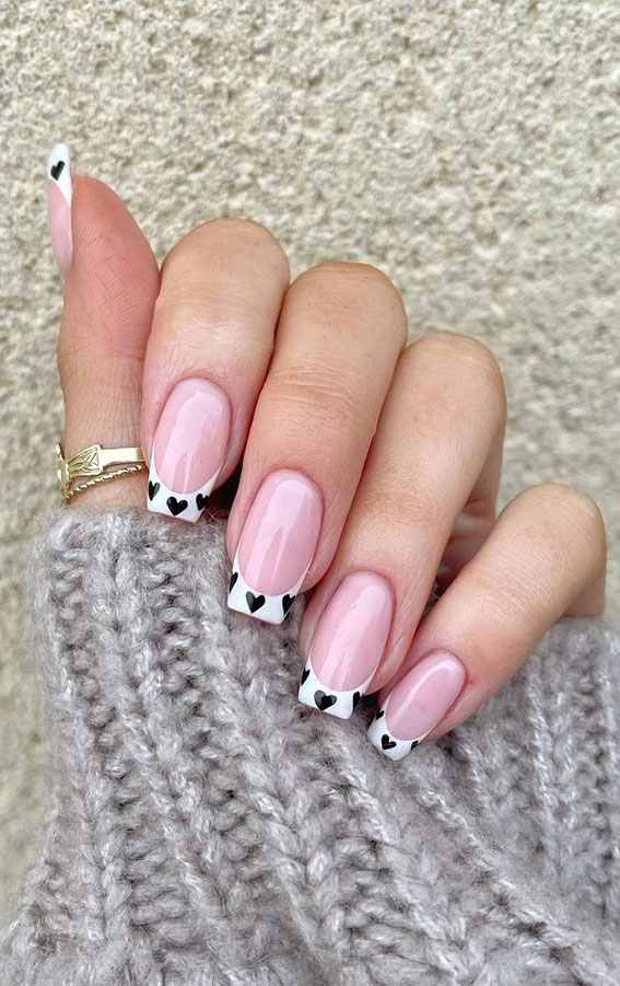 Black heart on White French Tips – Best Valentine’s Day Nail Designs 2021