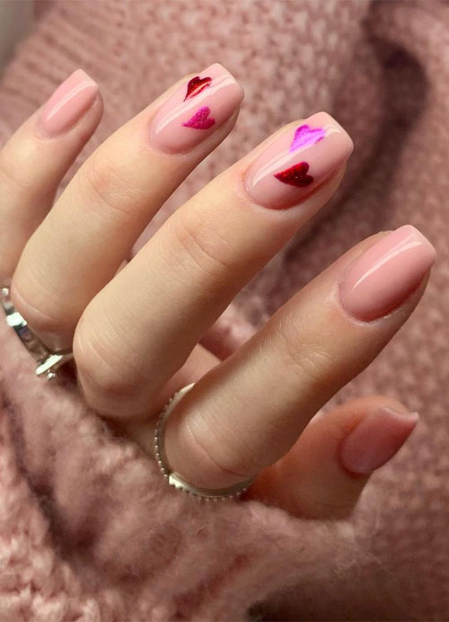 Pink heart on nude gel nails – Best Valentine’s Day Nail Designs 2021