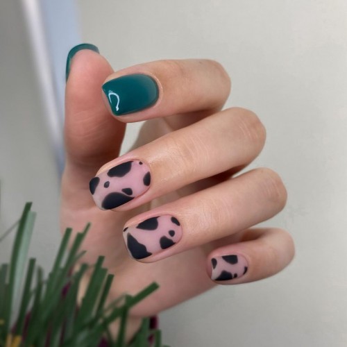 cow nail print, nude and black cow nails, cow nail designs, cow print nails, cow nails and green nails, mix and match cow print and green nails