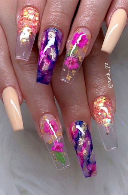 floral nails, transparent floral nails, floral pressed nails