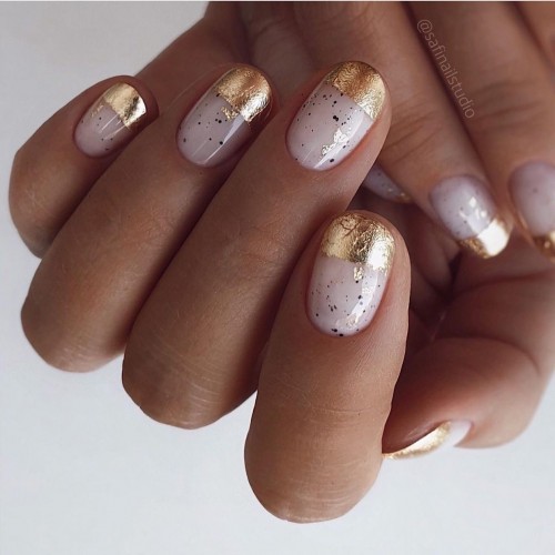 Speckled nails with gold leaf French Tips