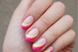 layered yellow and bright pink tip nails, bright pink tip nails, bright summer nails 2021, summer nails 2021, bright summer nails 2021, summer nail trends 2021, summer nail art, summer nail polish designs, short summer nails 2021, cute summer nails 2021, short summer nails 2021, best summer nail colors 2021