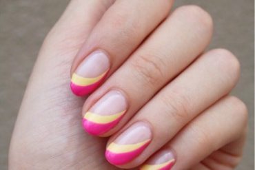 layered yellow and bright pink tip nails, bright pink tip nails, bright summer nails 2021, summer nails 2021, bright summer nails 2021, summer nail trends 2021, summer nail art, summer nail polish designs, short summer nails 2021, cute summer nails 2021, short summer nails 2021, best summer nail colors 2021