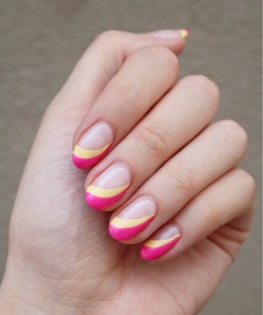 layered yellow and bright pink tip nails, bright pink tip nails, bright summer nails 2021, summer nails 2021, bright summer nails 2021, summer nail trends 2021, summer nail art, summer nail polish designs, short summer nails 2021, cute summer nails 2021, short summer nails 2021, best summer nail colors 2021