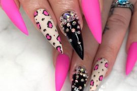 hot pink cheetah nails, black and hot pink nails, stiletto nails, hot pink stiletto nails, black and hot pink stiletto shaped nails, hot pink leopard nails, glam hot pink nails