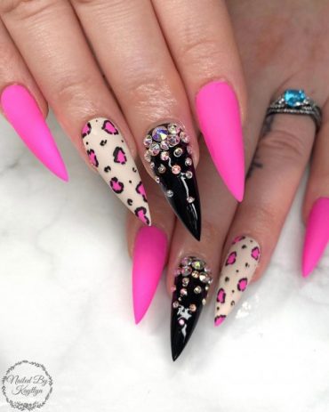 hot pink cheetah nails, black and hot pink nails, stiletto nails, hot pink stiletto nails, black and hot pink stiletto shaped nails, hot pink leopard nails, glam hot pink nails