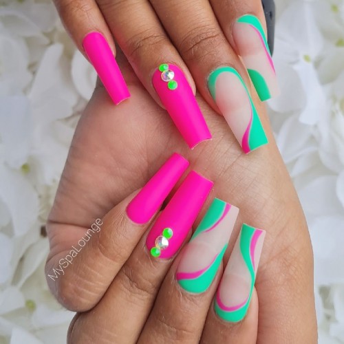 swirl neon green nails, hot pink and neon green coffin nails, bright pink tip nails, hot pink tip nails, hot pink french tip acrylic nails, french acrylic nails, hot pink french tips, hot pink french tip nails, pink french tip acrylic nails, pink frenchie, almond shaped pink french nails