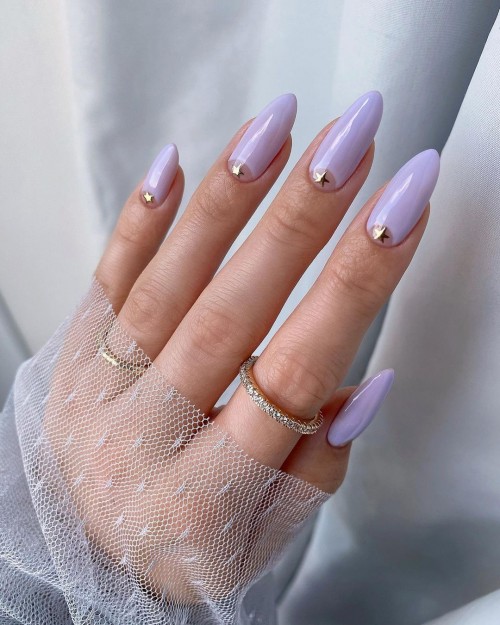 lilac nails, almond nails, lilac nails with half moon painted star, long nails, spring nail ideas, spring nail art designs