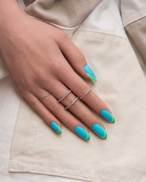 turquoise nails, bright nails, aqua summer nails, aqua nail polish, aqua and yellow french tip nails, bright summer nails 2021 