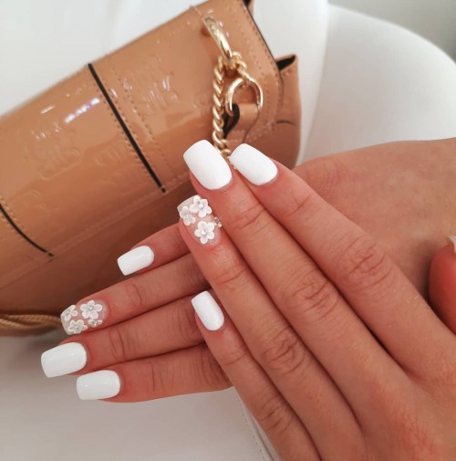 Floral White Nails