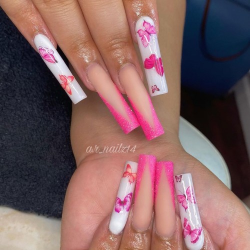 mix and match hot pink tips nails with butterfly, hot pink nails with design, hot pink nails with glitter, hot pink nails 2021, hot pink nail designs 2021, hot pink nails, hot pink french nails , hot pink nails coffin, hot pink nails with design, hot pink acrylic nails designs