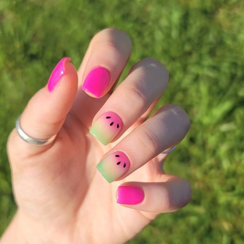 hot pink short nails, summer nails, hot pink summer nails, watermelon hot pink nails, bright pink nail art designs, watermelon nail art designs