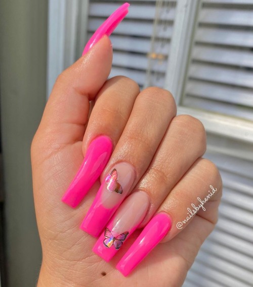 hot pink french nails, bright pink tip nails, hot pink tip nails, hot pink french tip acrylic nails, french acrylic nails, hot pink french tips, hot pink french tip nails, pink french tip acrylic nails, pink frenchie, almond shaped pink french nails