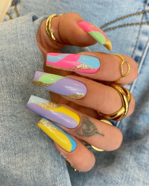 colorful and gold glitter nails, bright and colorful summer nails 2021, summer nails 2021, bright summer nails 2021, summer nail trends 2021, summer nail art, summer nail polish designs, short summer nails 2021, cute summer nails 2021, short summer nails 2021, best summer nail colors 2021