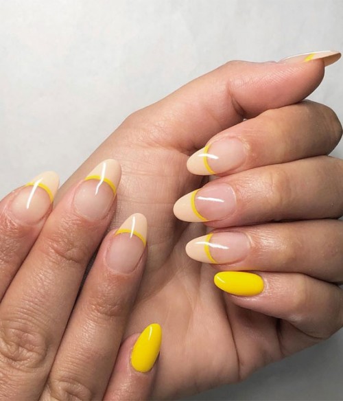 45 French manicure with color tips : Nude Nails with Yellow Color Line