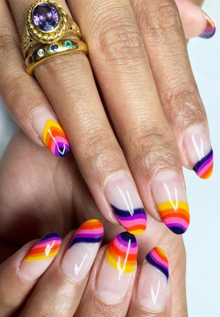 45 French manicure with color tips : Bright Rainbow Tip Nails Almond