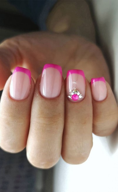 45 French manicure with color tips : Hot Pink Tip Nails with Rhinestones